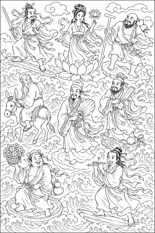 The Eight Immortals of China Crossing the Sea on Their Objects