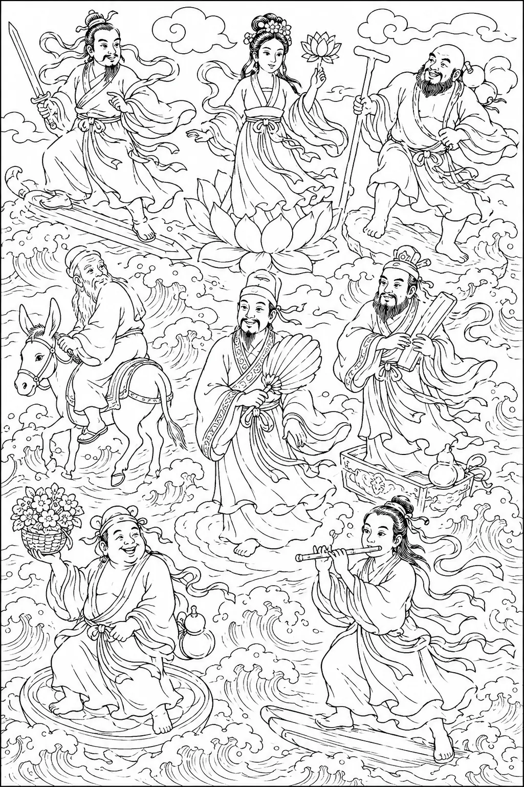 涂色页：八位道教仙人各骑各的法宝渡海