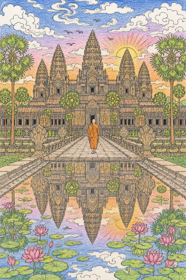 Ausmalbild: Angkor Wat Tempel mit Spiegelung im Morgengrauen