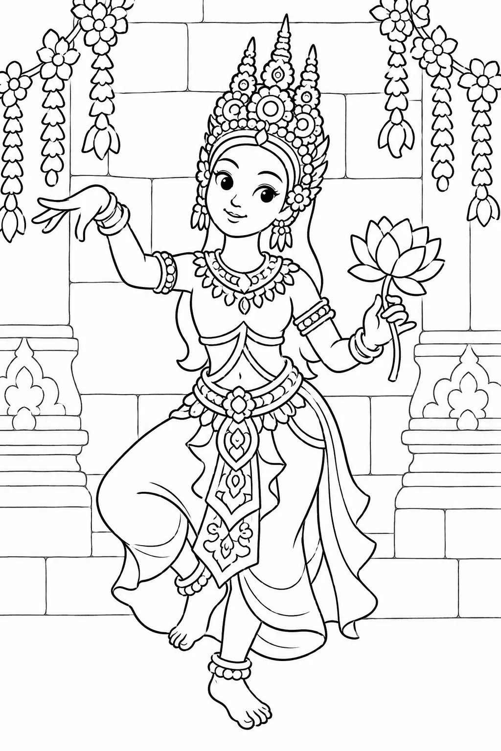 Ausmalbild: Apsara-Tänzerin in klassischer Khmer-Pose vor einem Tempel