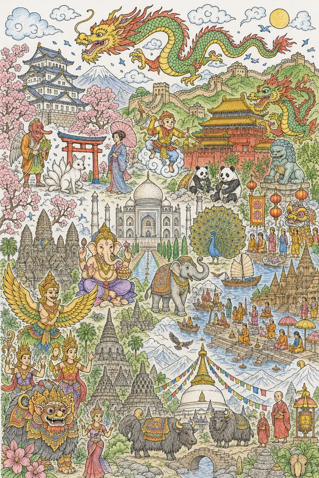 涂色页：S04系列所有亚洲文化的巨幅寻找图
