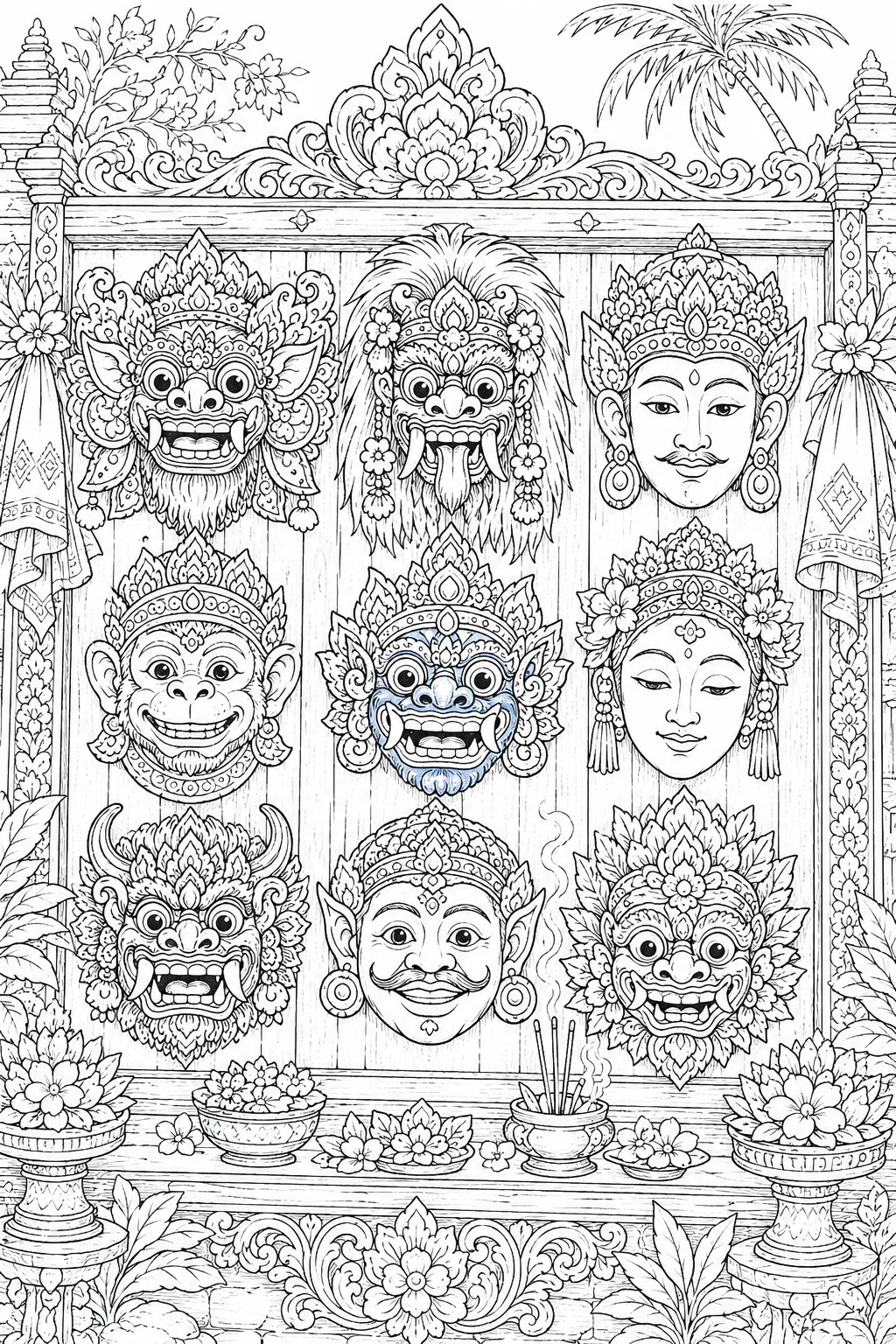 Ausmalbild: Pan-Asiatisches Mandala mit Yin-Yang, Koi, Ganesha, Mon und Sternzeichen