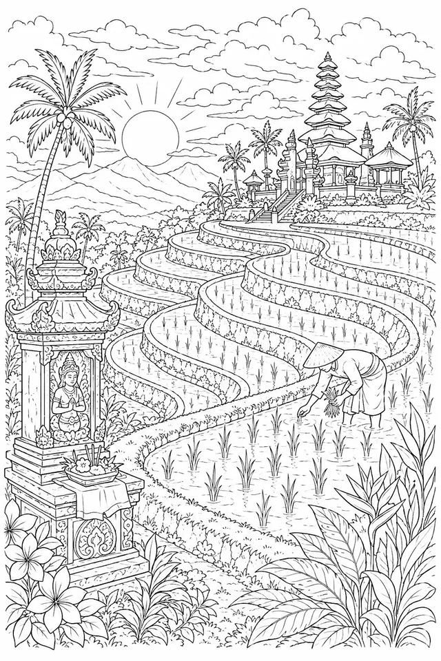 Balinese Rice Terrace Fields in a Dramatic Sunset