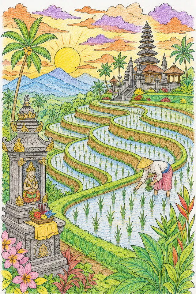 巴厘岛梯田在壮观的落日中 – 涂色效果预览