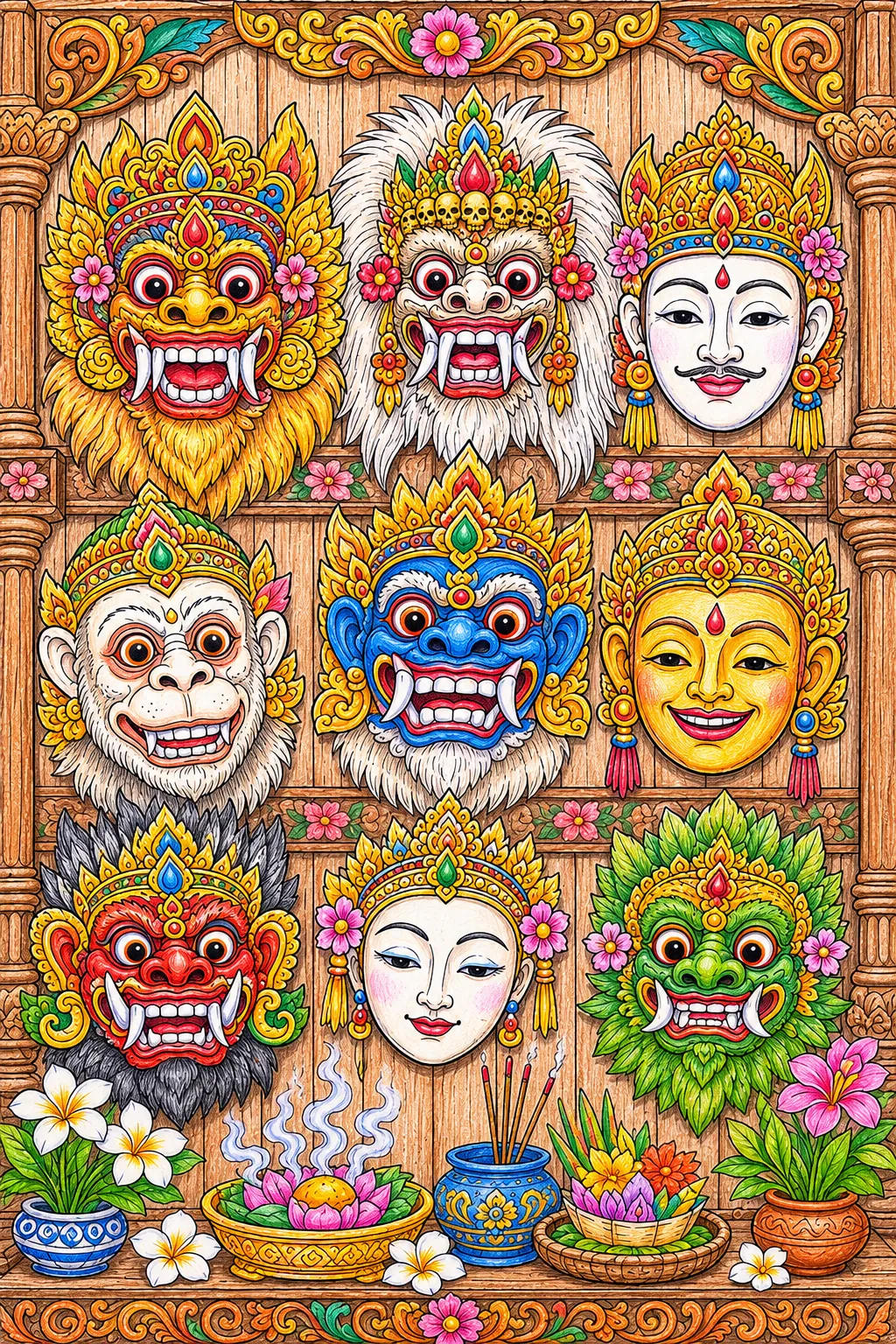 Balinesische Tanzmasken-Galerie im Tempel-Schrein