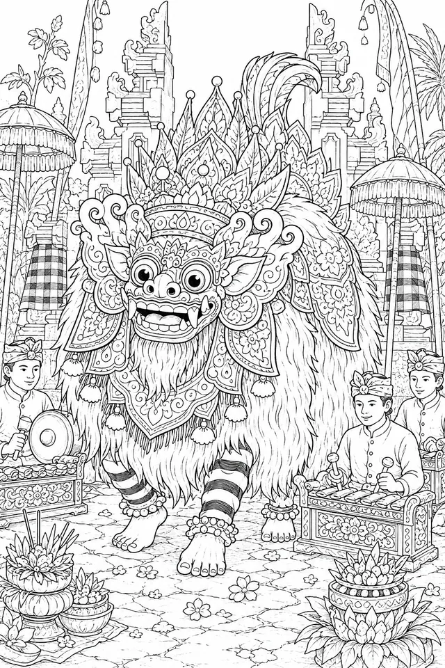 Barong-Löwe tanzt seinen heiligen Tanz im Balinesischen Tempel