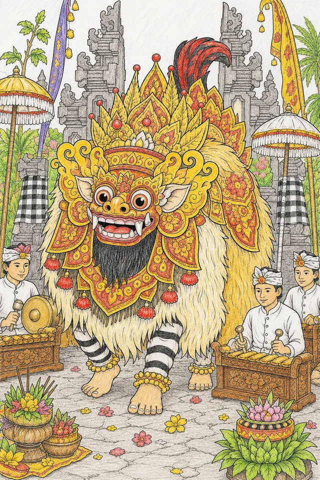 Ausmalbild: Barong-Löwe im vollen Kostüm beim heiligen Tempeltanz auf Bali