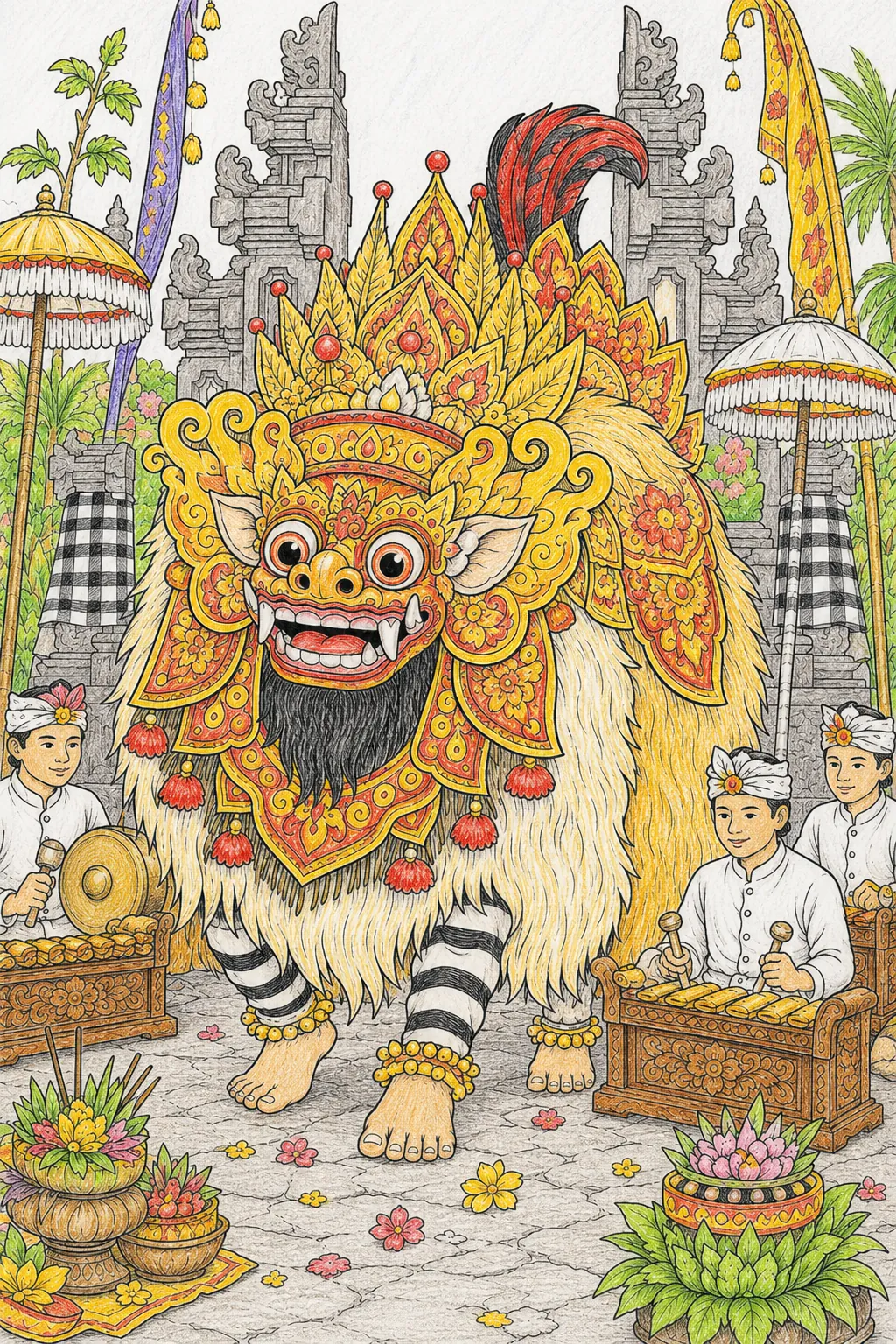Barong-Löwe tanzt seinen heiligen Tanz im Balinesischen Tempel