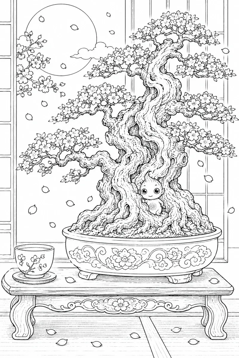 涂色页：小树精灵从老盆景树中窥视