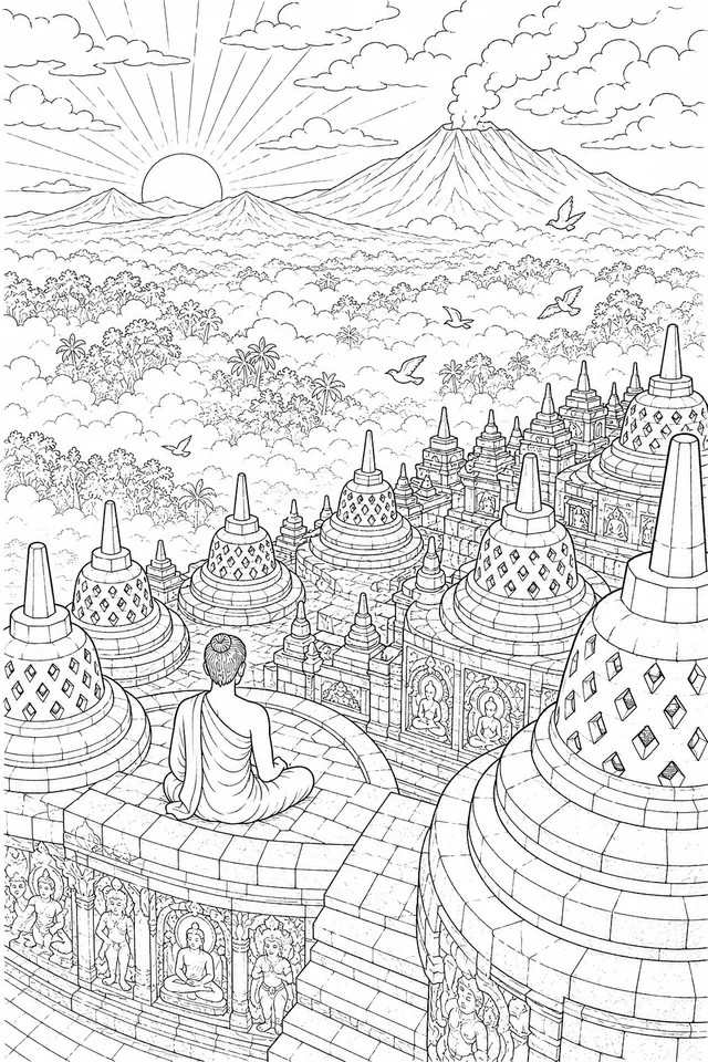 Borobudur-Tempel in Java erwacht aus dem Morgennebel