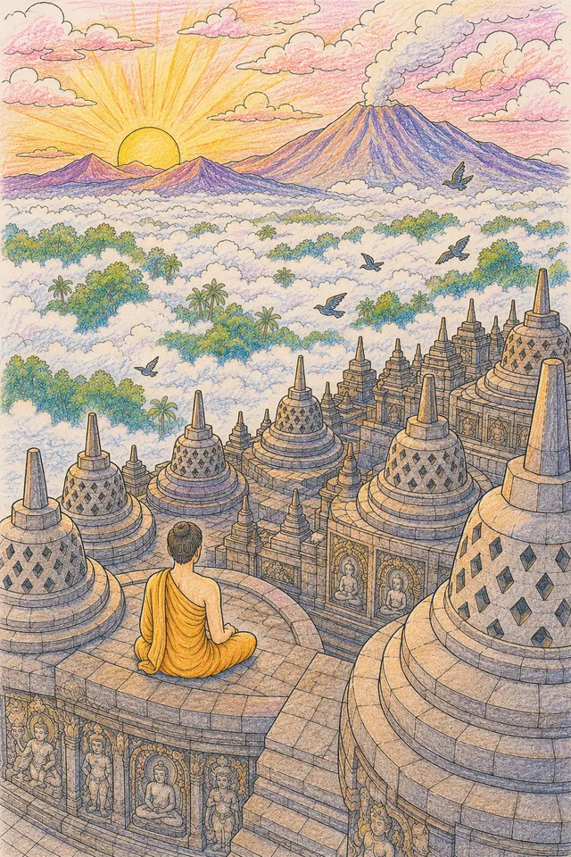 Ausmalbild: Borobudur-Tempel in Java über einem Nebelmeer bei Sonnenaufgang