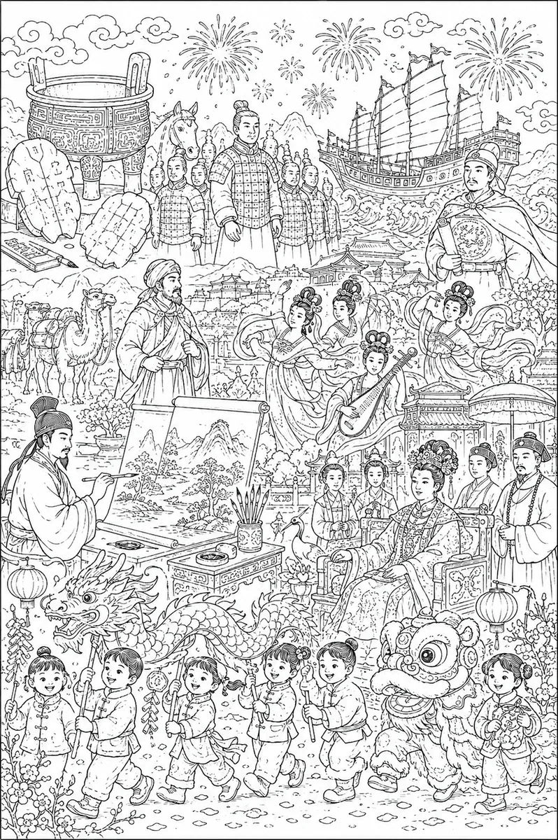 Ausmalbild: Wimmelbild der chinesischen Geschichte über mehrere Dynastien