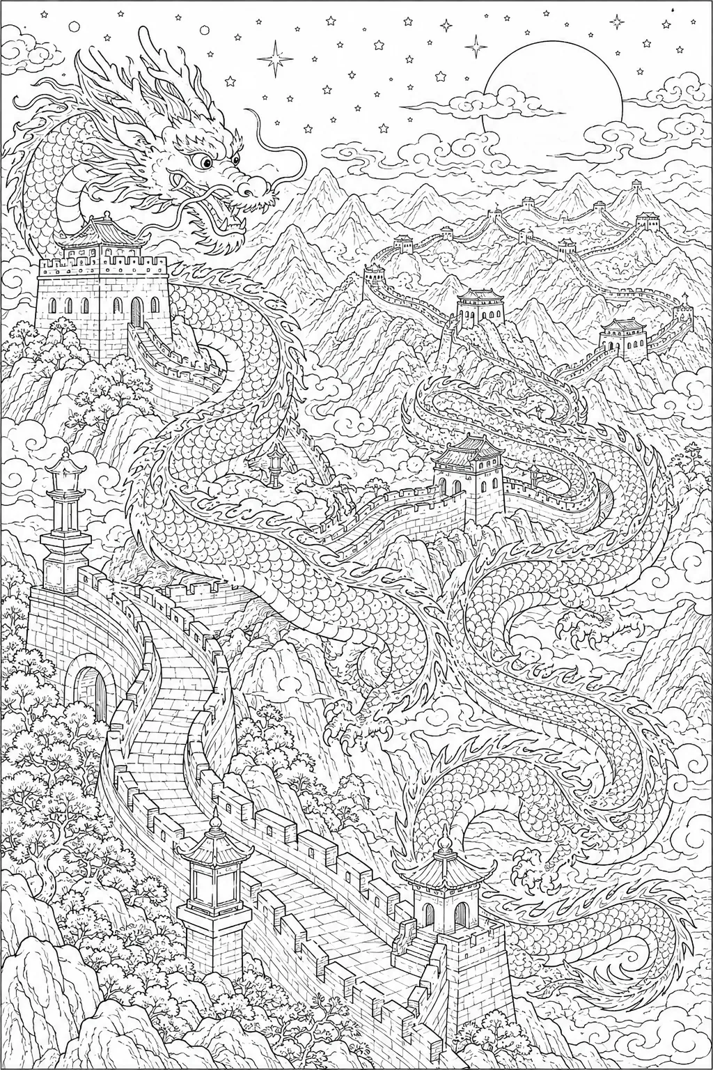 Ausmalbild: Chinesischer Drache windet sich entlang der gesamten Chinesischen Mauer