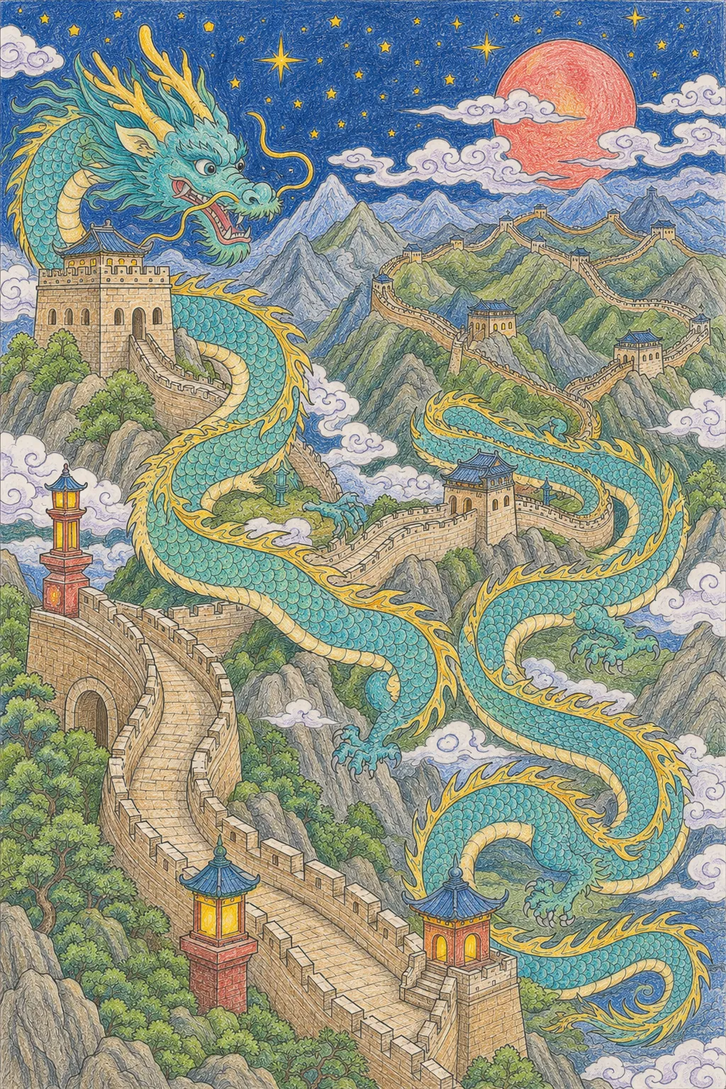 Chinesischer Drache schlängelt sich an der Großen Mauer entlang