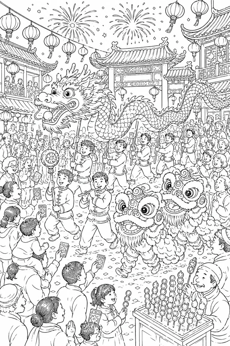 Ausmalbild: Bunte chinesische Neujahrsperade mit Drachentanz und Feuerwerk