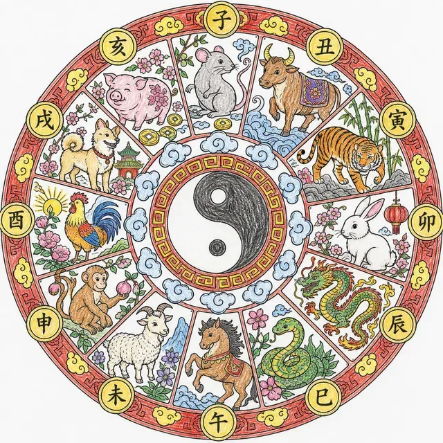 Ausmalbild: Rundes chinesisches Mandala mit allen 12 Tierkreistieren