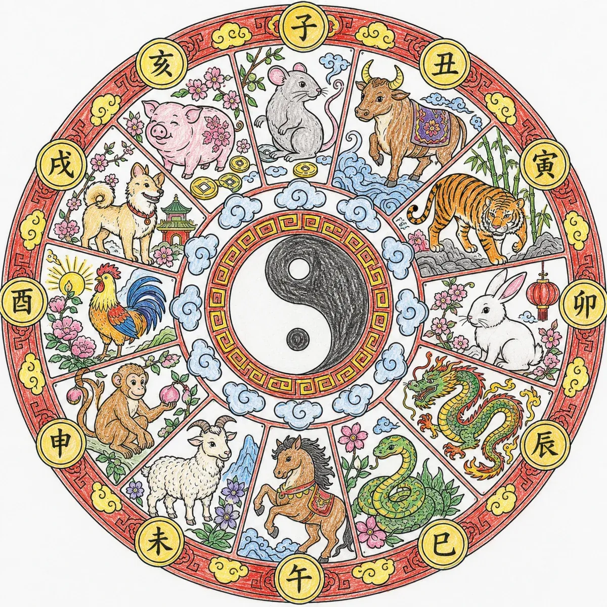 Alle 12 Chinesischen Tierkreiszeichen im großen Kreismandala
