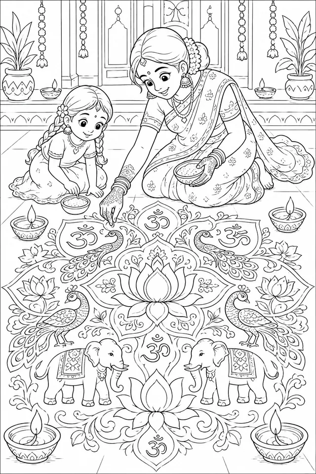 Frau zeichnet ein prächtiges Rangoli-Muster für Diwali auf dem Boden