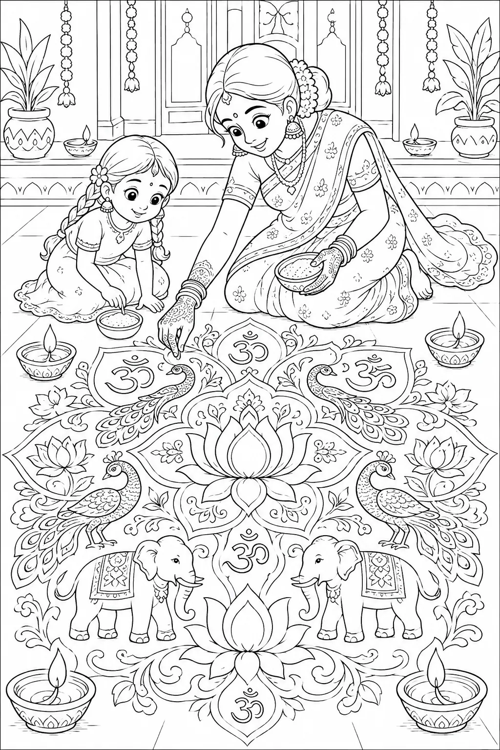 涂色页：印度女子为排灯节创作彩色兰戈利图案