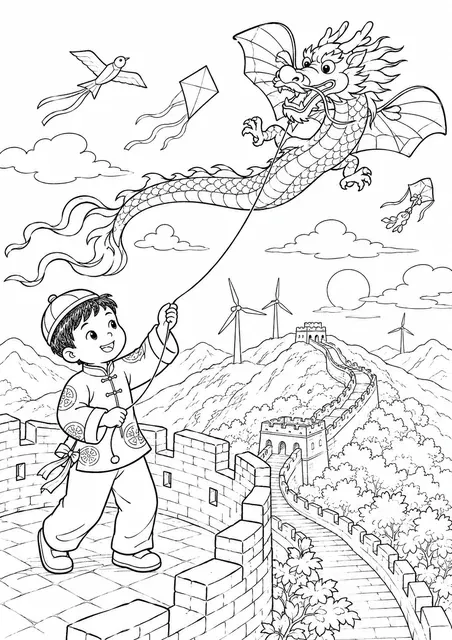 Kind lässt bunten Drachen-Drachen steigen über der Chinesischen Mauer