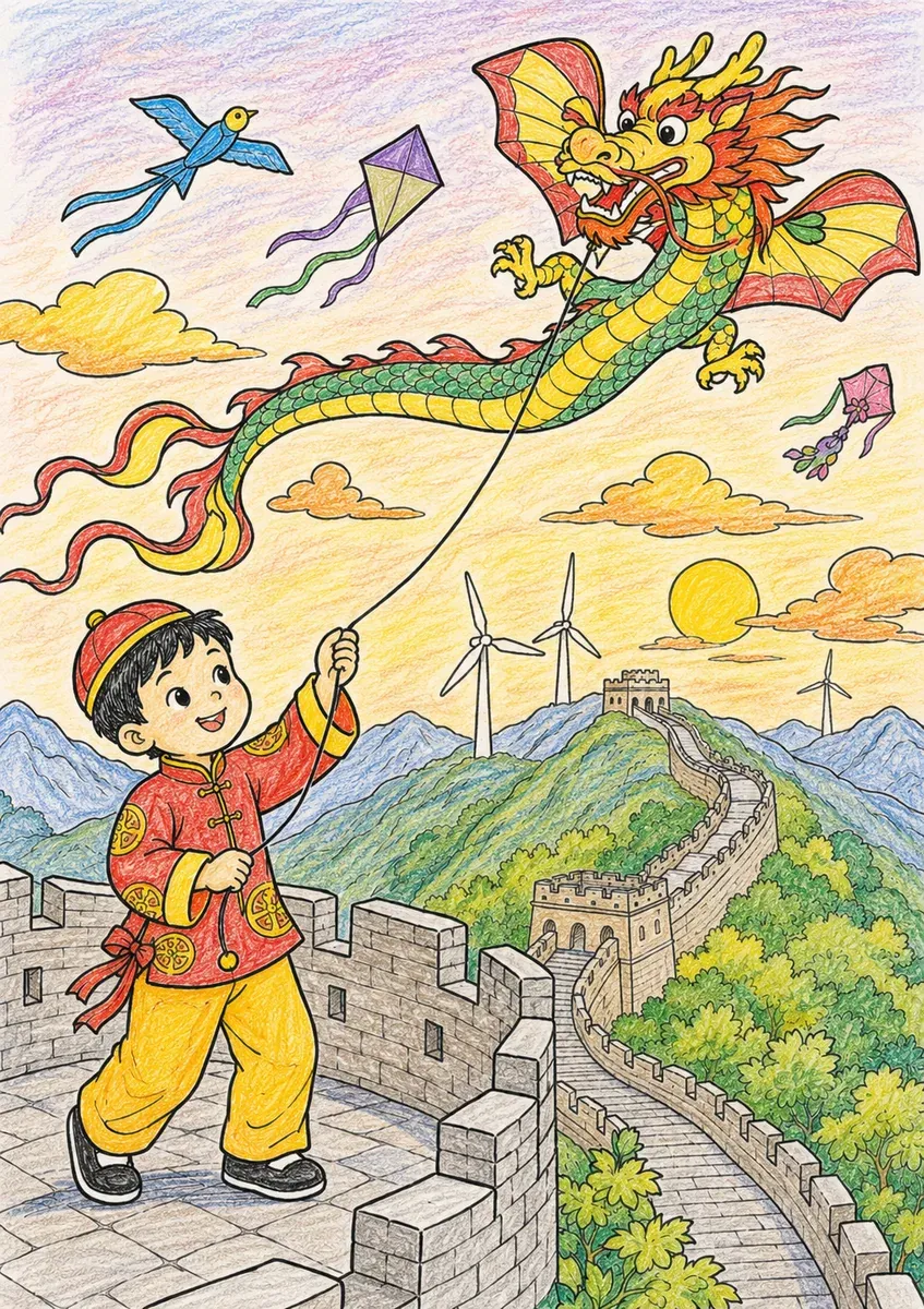 Kind lässt bunten Drachen-Drachen steigen über der Chinesischen Mauer