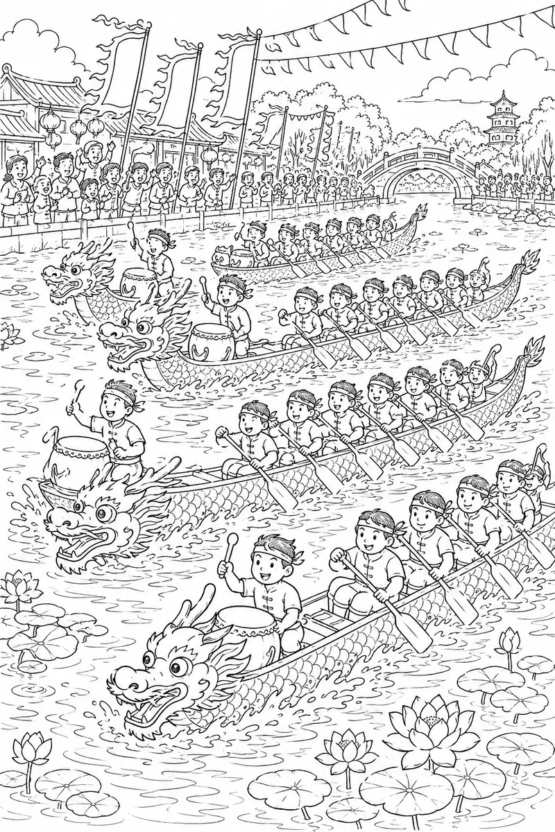 Ausmalbild: Bunte Drachenboote beim Rennen auf dem Fluss