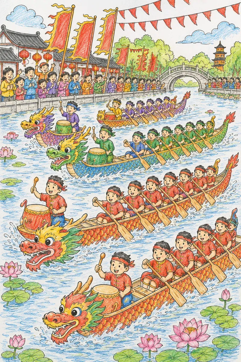 Chinesisches Drachenbootrennen mit buntbemalten Booten