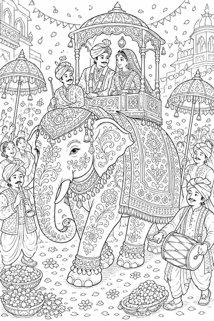Prächtig geschmückter Hochzeitselefant in der Rajasthan-Parade