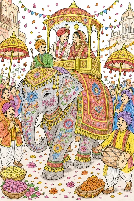 Ausmalbild: Mit Henna-Mustern bemalter Hochzeitselefant mit Brautpaar in Rajasthan