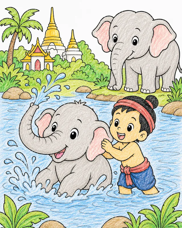 Ausmalbild: Kleiner Elefant spielt mit einem Kind im Fluss in Thailand