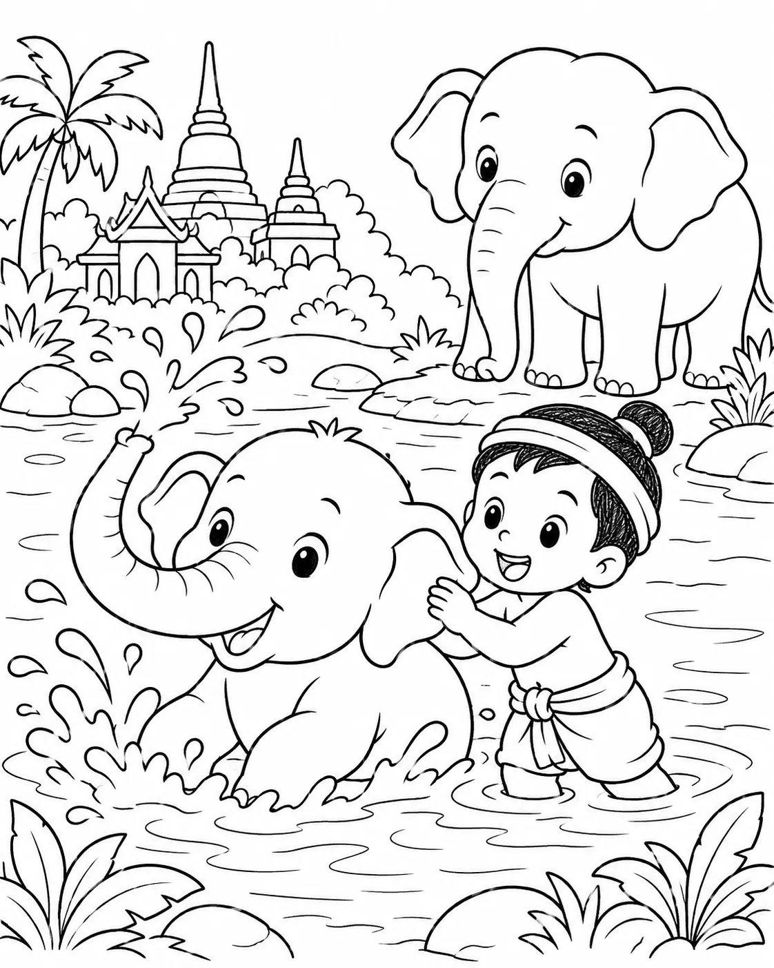 रंग भरने का चित्र: थाईलैंड में नदी में बच्चे के साथ खेलता छोटा हाथी