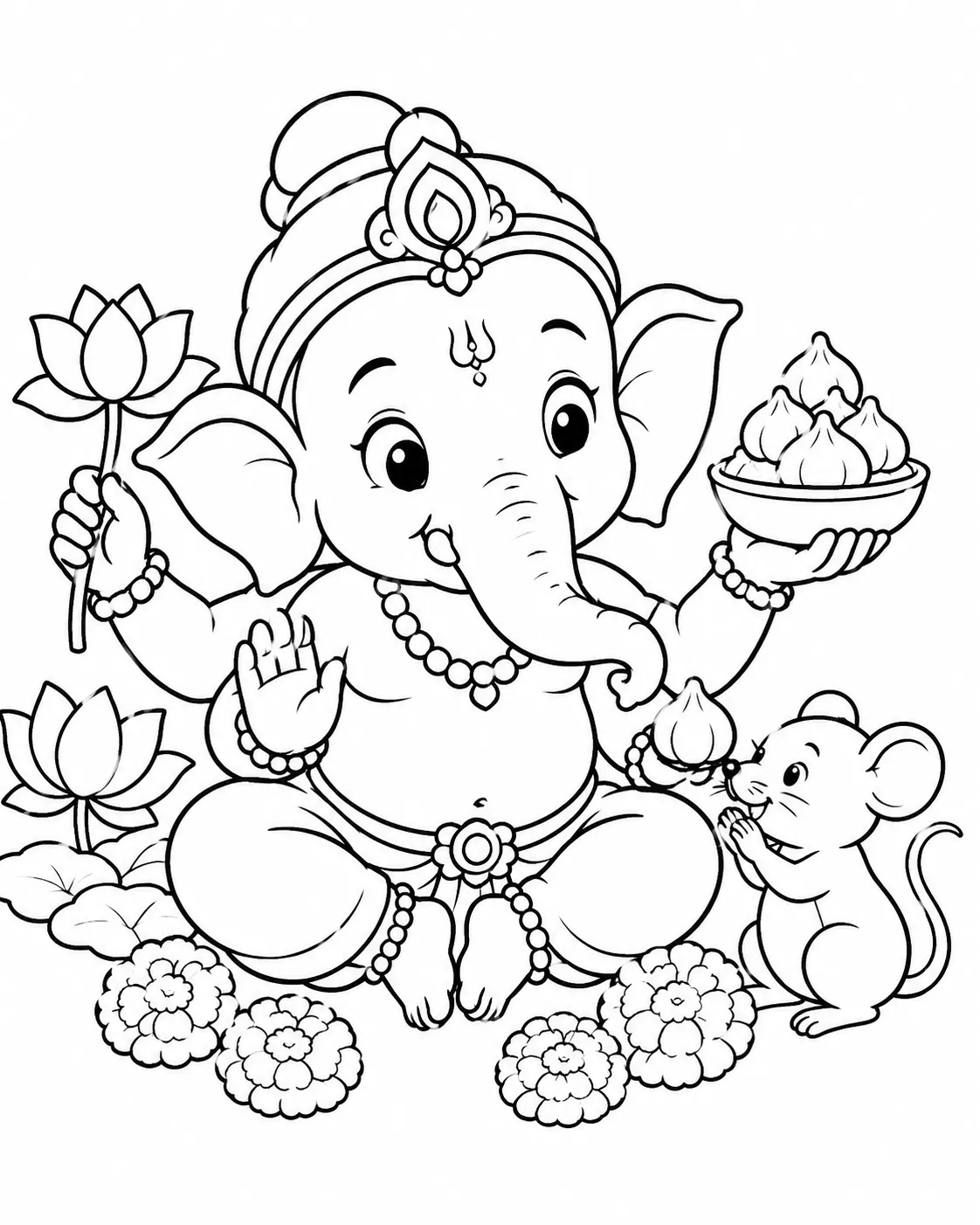 Ausmalbild: Niedlicher Baby-Ganesha spielt mit seiner Maus und hält einen Modak