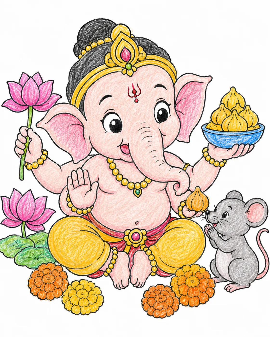 Kleiner Ganesha spielt fröhlich mit seiner Maus und Süßigkeiten