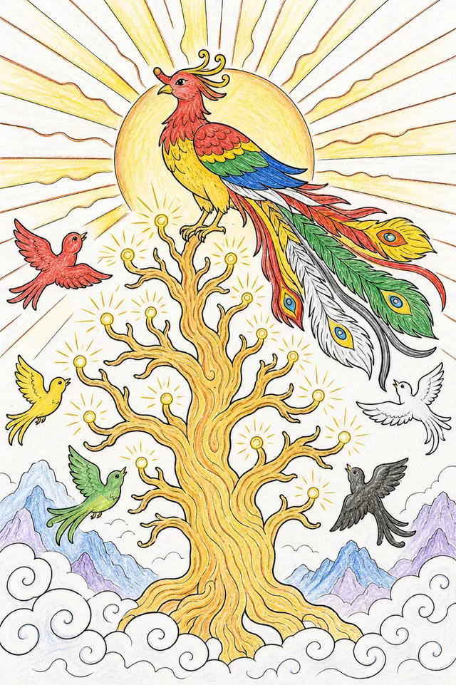 涂色页：坐在光辉太阳树上的凤凰