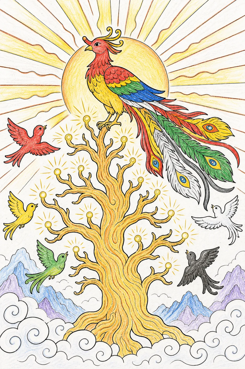 凤凰高踞在光辉的太阳树上