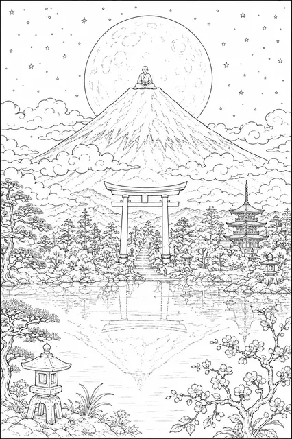 Lone Hermit Meditating on the Snow-Covered Peak of Mount Fuji