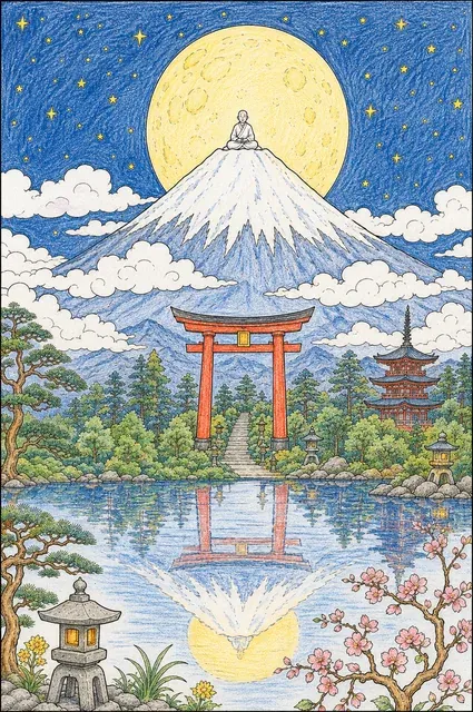 孤独的隐士在富士山白雪皑皑的山顶冥想 – 涂色效果预览