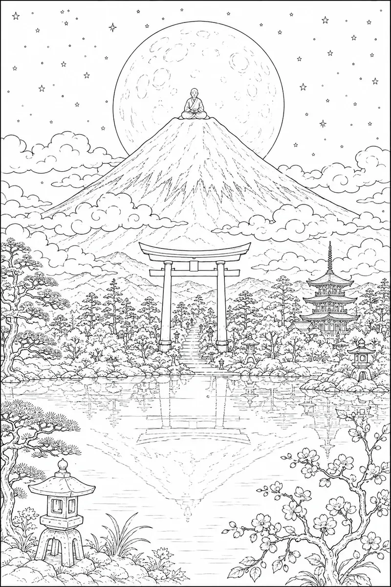 涂色页：隐士在月光中在富士山顶冥想