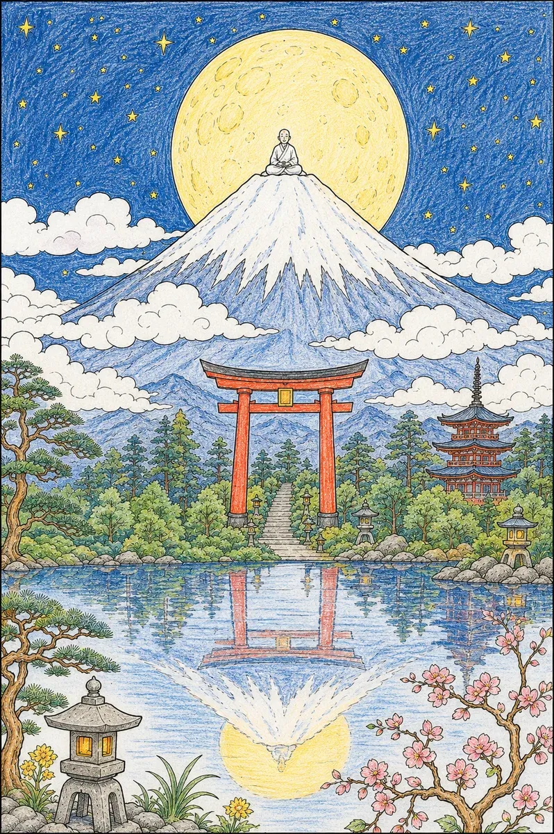 孤独的隐士在富士山白雪皑皑的山顶冥想
