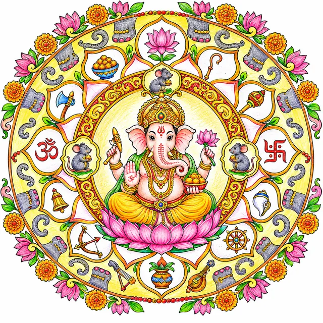 Ausmalbild: Kreisförmiges Ganesha-Mandala mit hinduistischen Symbolen und Lotus