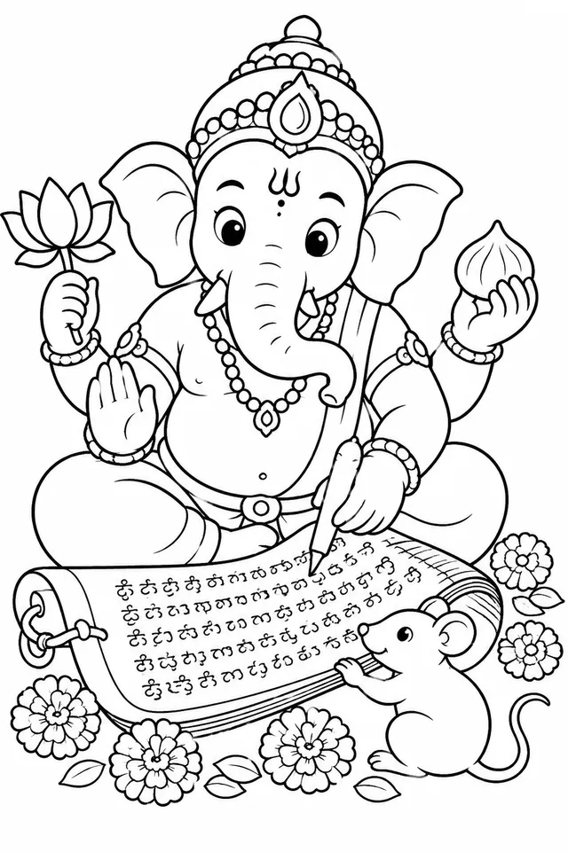 Ganesha schreibt das Mahabharata mit seinem Stoßzahn als Griffel