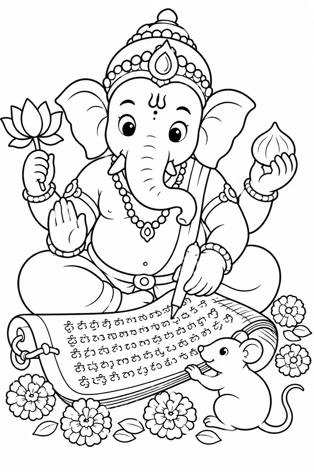 Ausmalbild: Elefantengott Ganesha schreibt mit Stoßzahn auf Palmenblatt-Schriftrolle