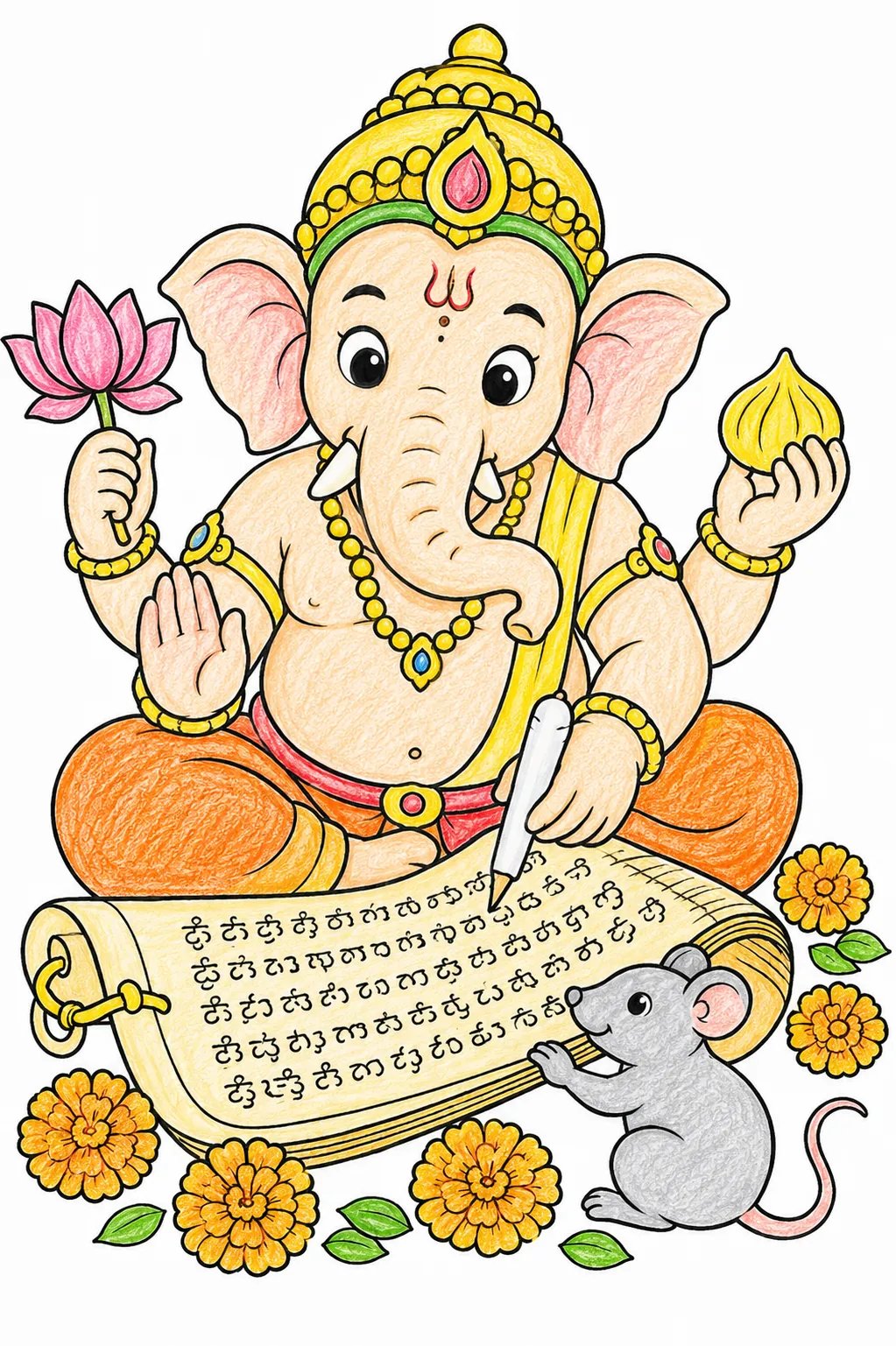 Ganesha schreibt das Mahabharata mit seinem Stoßzahn als Griffel
