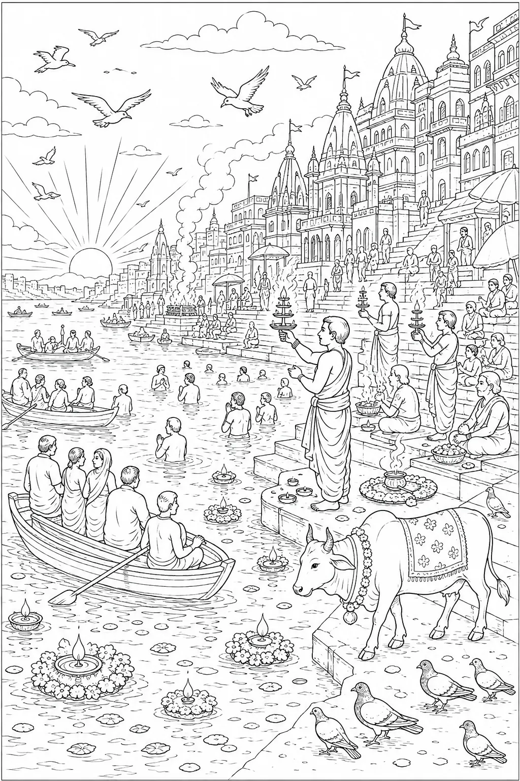 Ausmalbild: Varanasi Ghats bei Sonnenaufgang mit Pilgern und Priestern