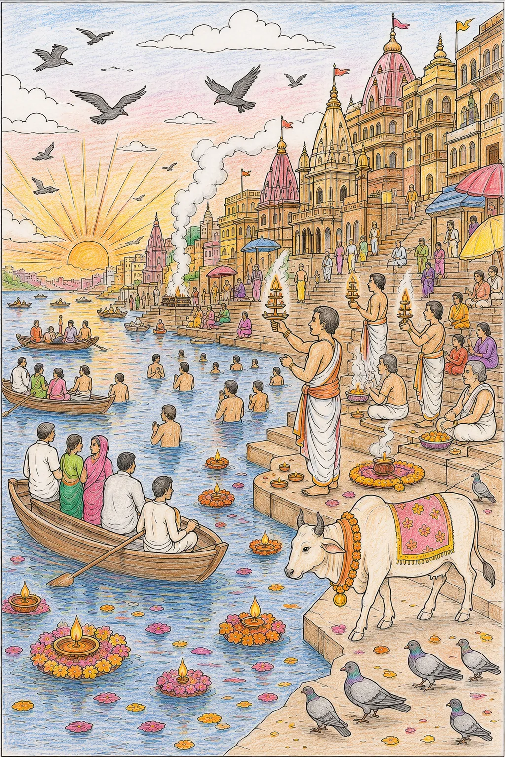 Varanasi am Ganges: Morgenrituale im heiligen Sonnenaufgangslicht