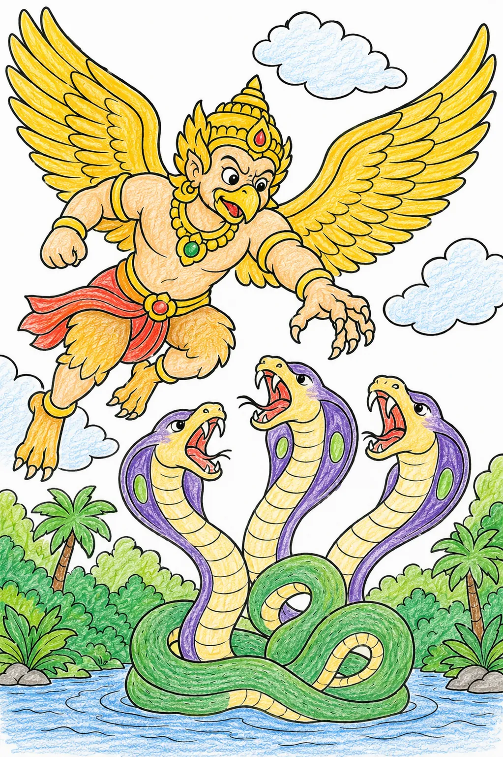 Majestätischer Garuda-Adler im epischen Kampf mit den Nagas