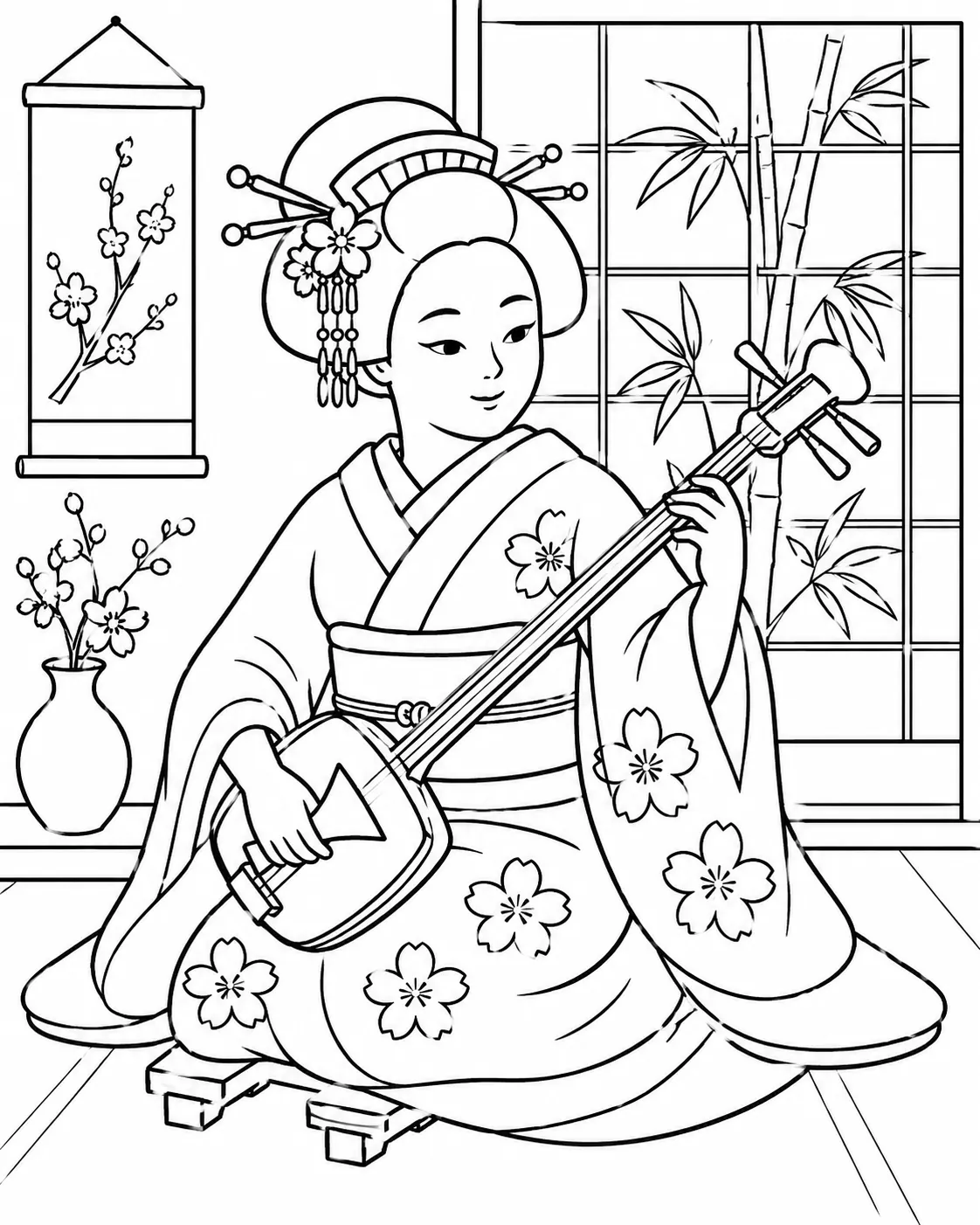 涂色页：日本茶屋里优雅的艺妓弹三味线