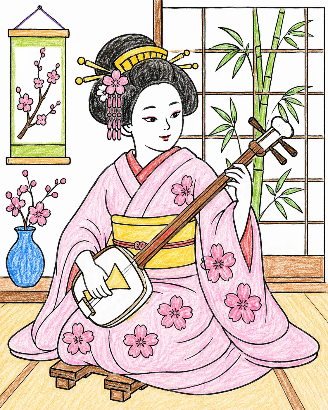 艺妓在传统茶屋里弹三味线演唱