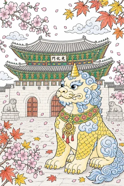 涂色页：海驰守护兽守护韩国宫殿大门光化门