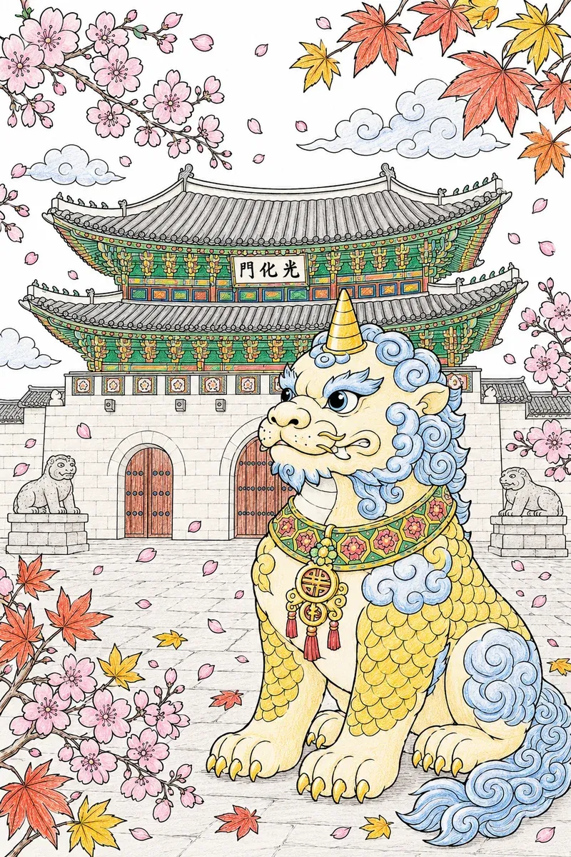 Haetae-Feuerbiest bewacht das koreanische Palasttor Gwanghwamun